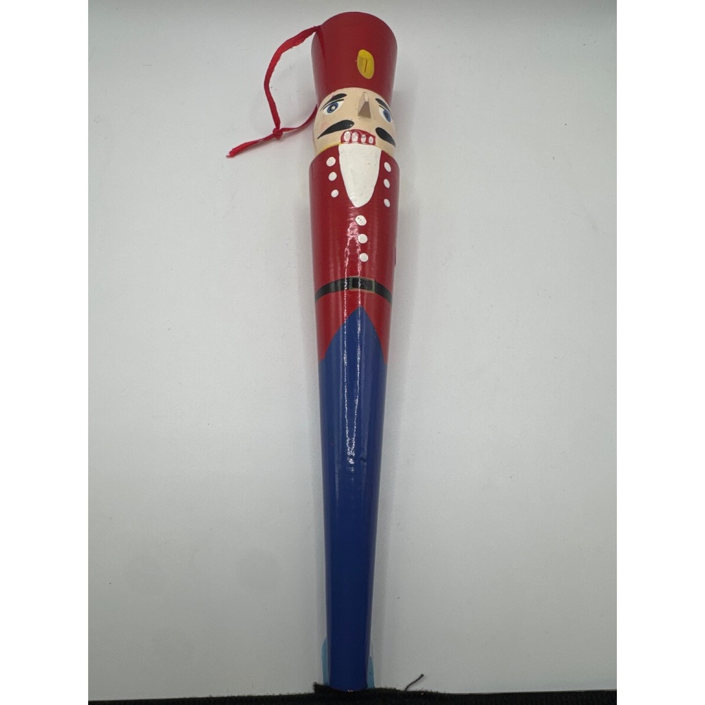 Hand Painted Wooden Nutcracker Soldier Tapered Christmas Ornament Red Blue 9.5in